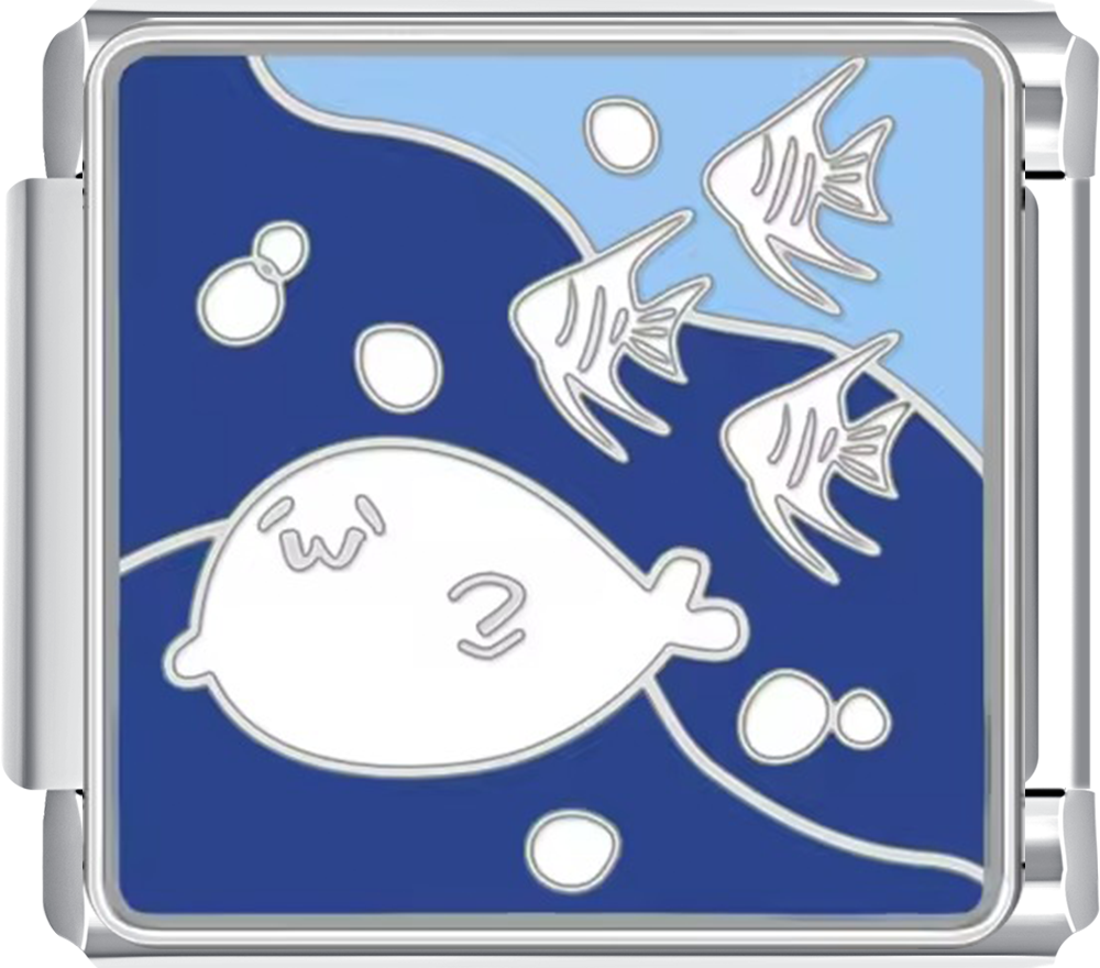 Silver charm with fish design on a blue background