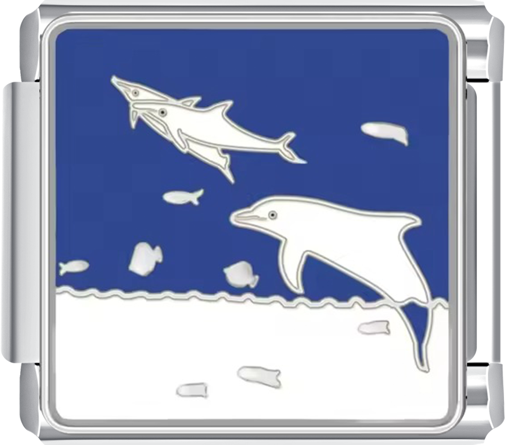 Silver dolphin and shark design on a blue background with wavy lines