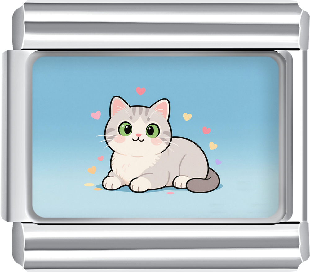 Grey and white kitten with hearts charm, cute option for personalized italian charm bracelet gifts