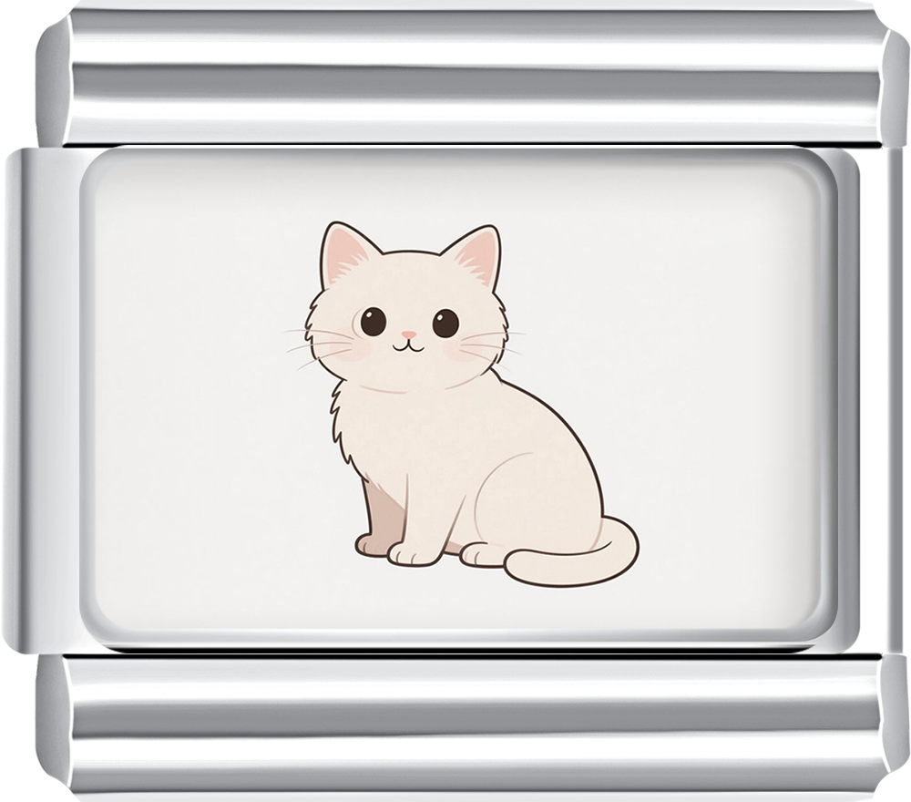 Cream kitten sitting charm with large eyes, stainless steel italian charm bracelet piece