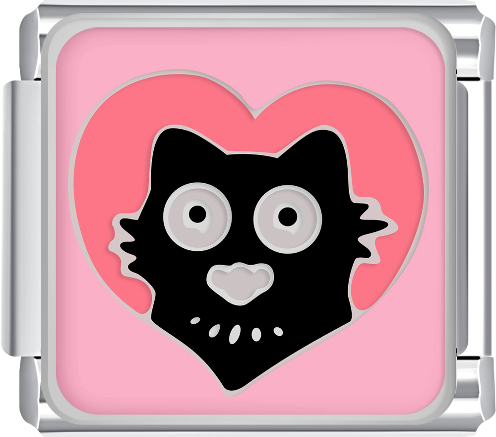 Silver charm with a black cat face in a pink heart on a white background italian charm bracelet
