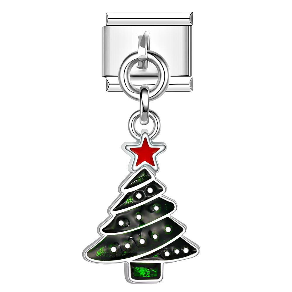 Dark green Christmas tree Italian charm with red star, enamel silver charm for bracelet.