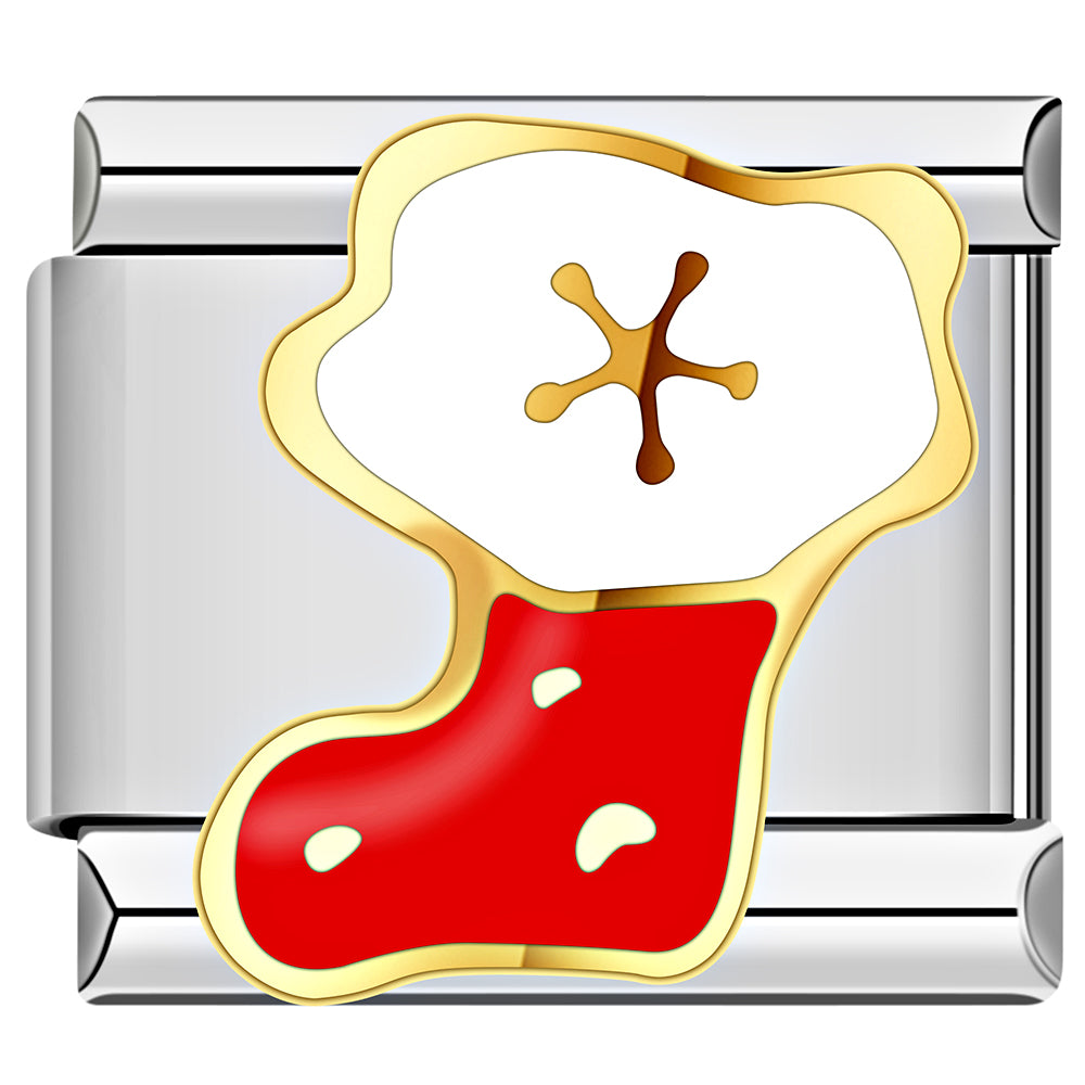 Red Christmas stocking Italian charm with gold outline, festive jewelry charm.