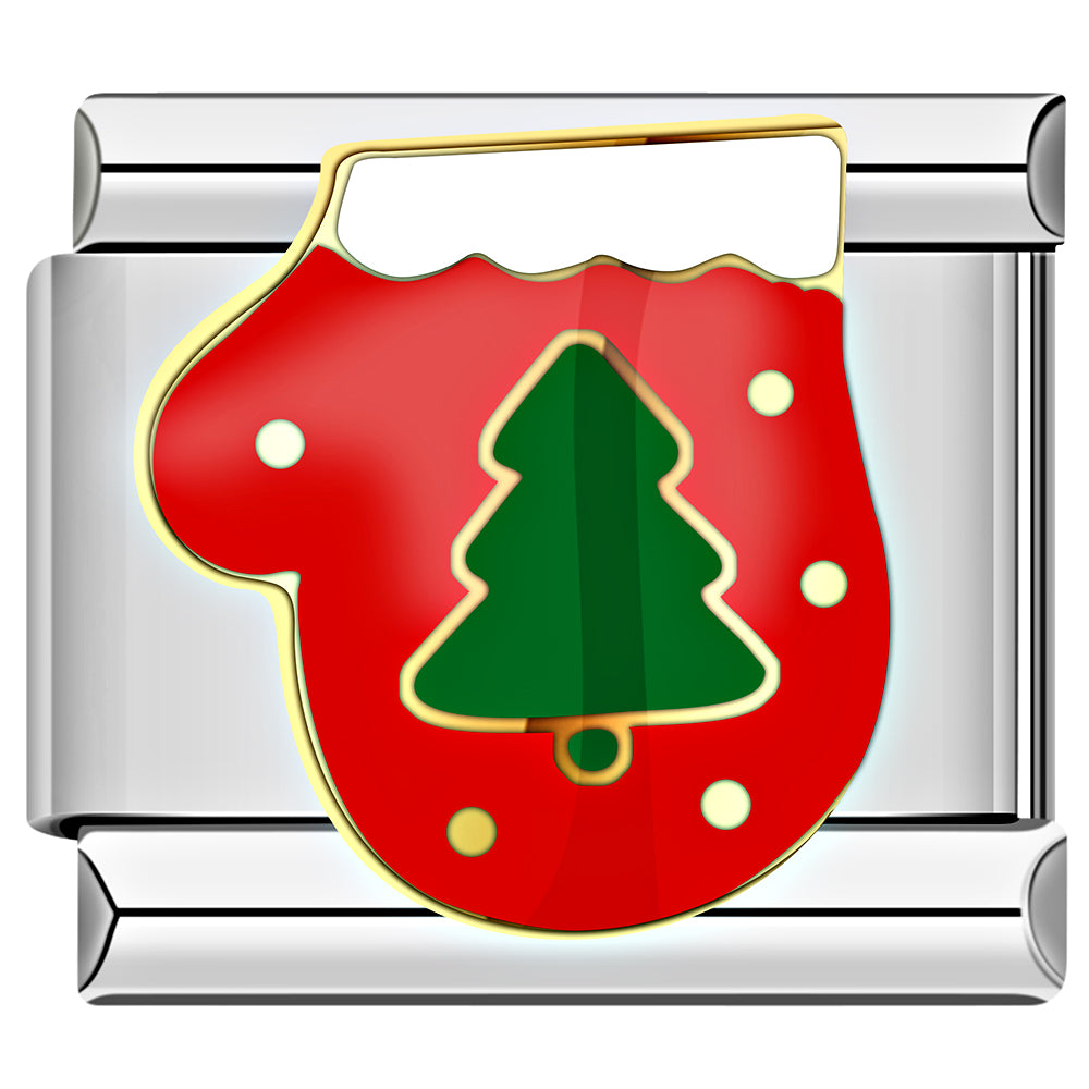Red stocking Italian charm with green tree design, festive bracelet jewelry.