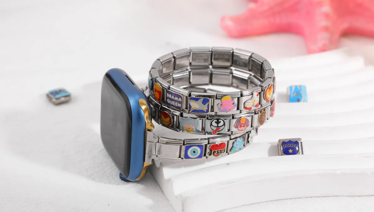 Apple Watch with custom Italian charm bracelet band featuring mixed charms