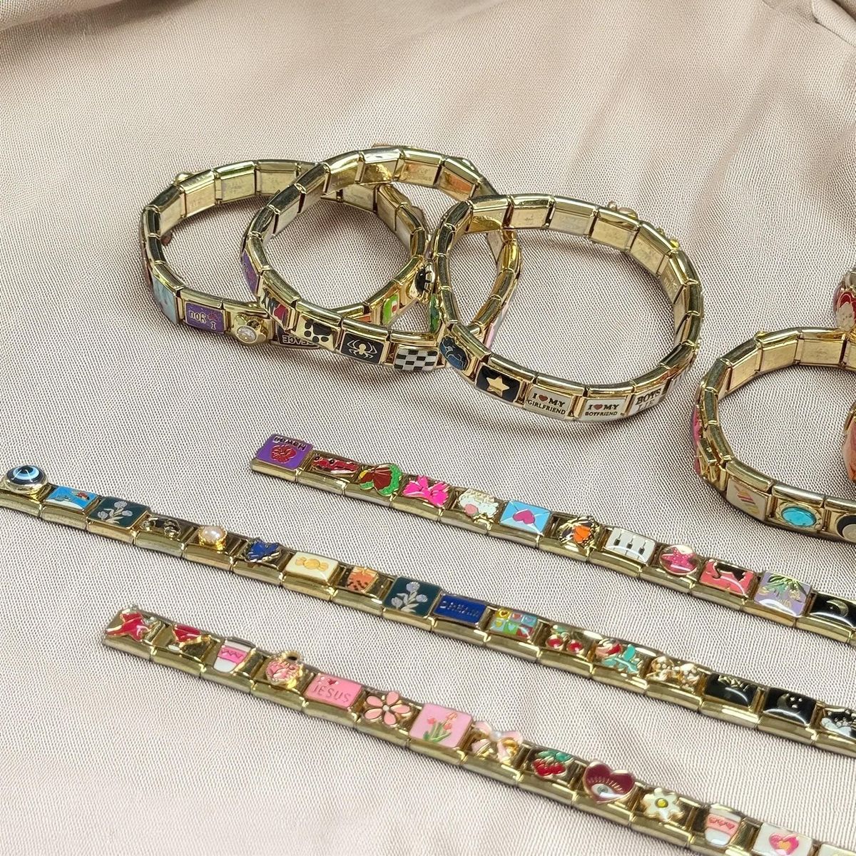 Flat lay of eco-friendly modular Italian bracelet made from stainless steel modular links