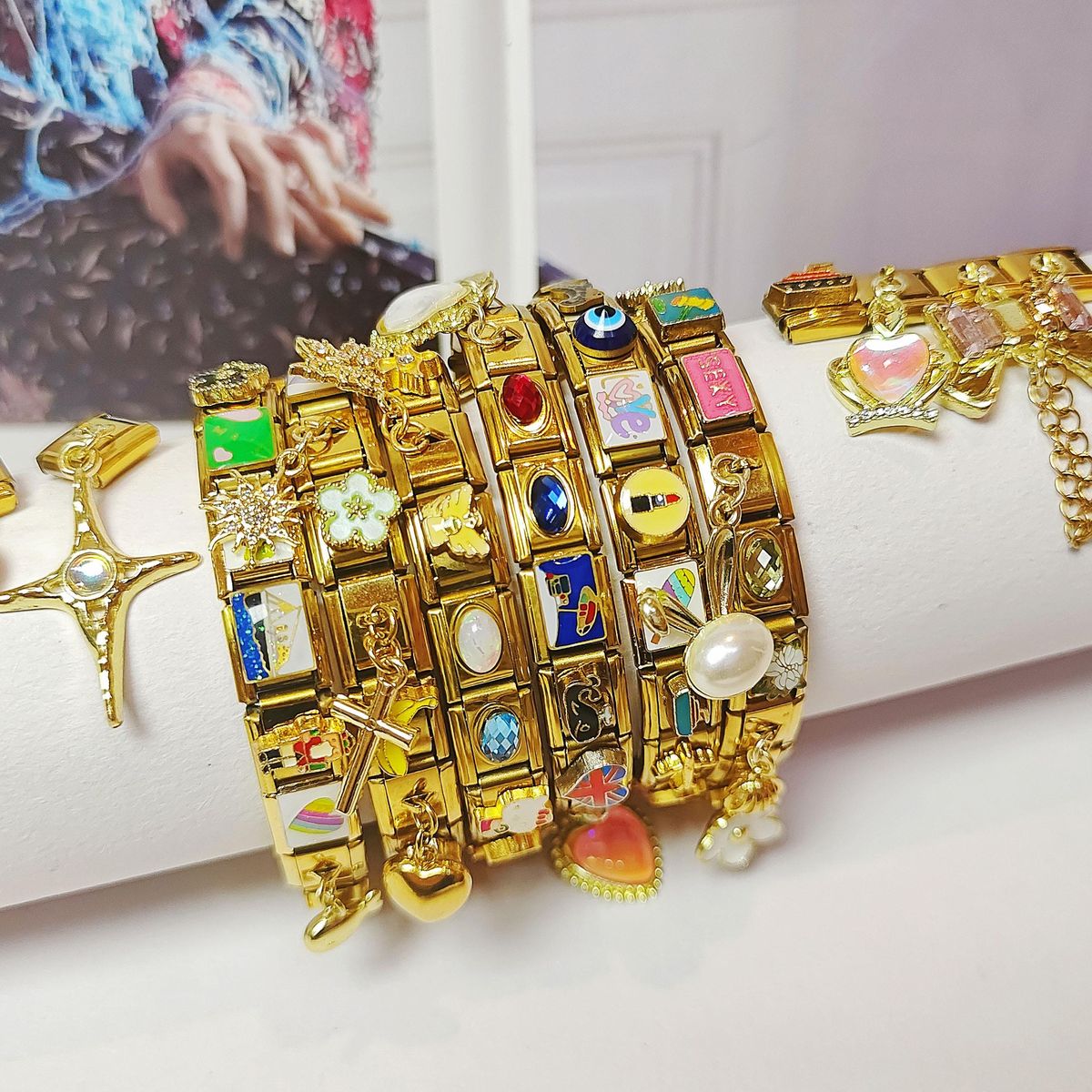  Elegant gold italian charm bracelet displayed