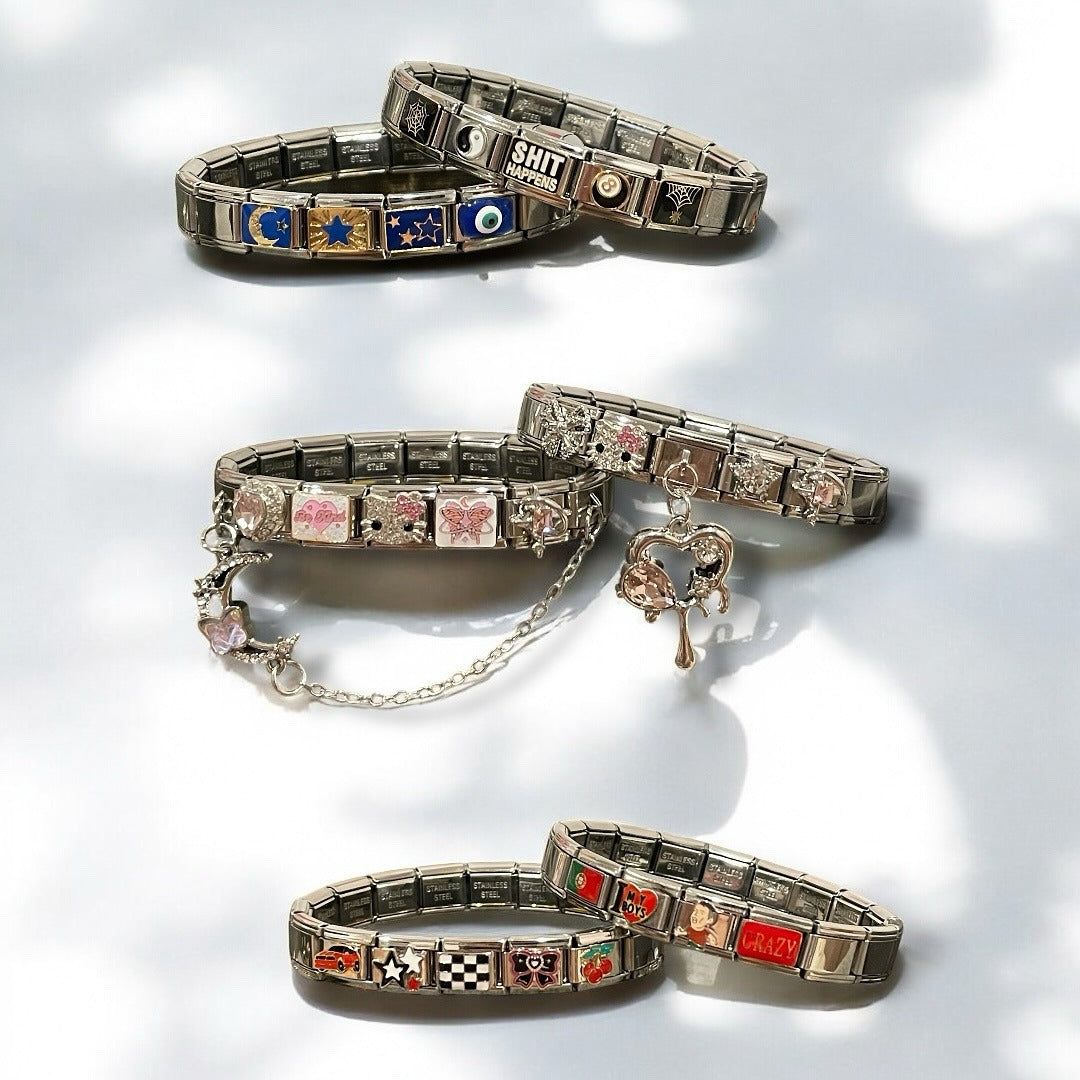 Italian charm bracelet showing mix of personalized and symbolic charms