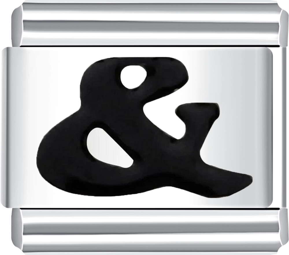 A silver charm with a black ampersand '&' symbol.
