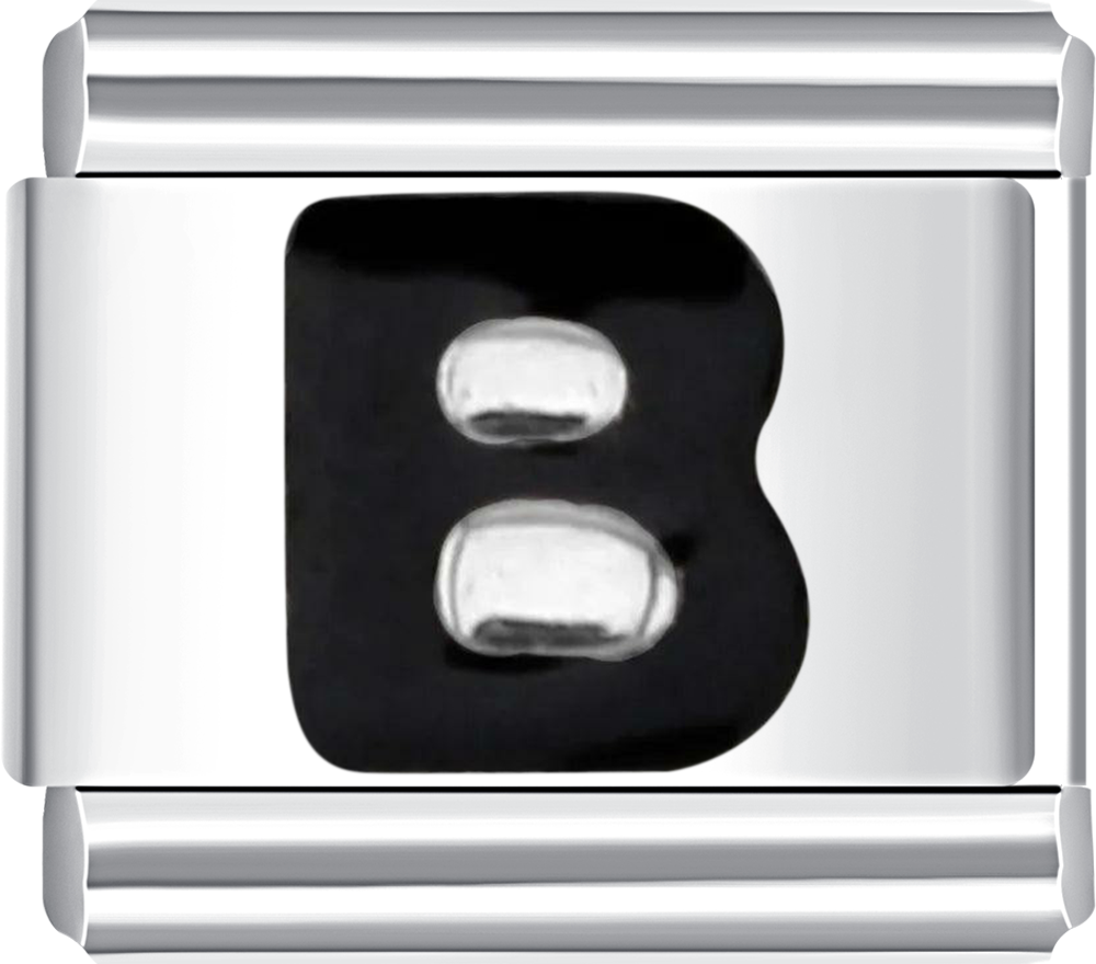Personalized silver charm with letter B in black, perfect for a stainless steel charm bracelet.