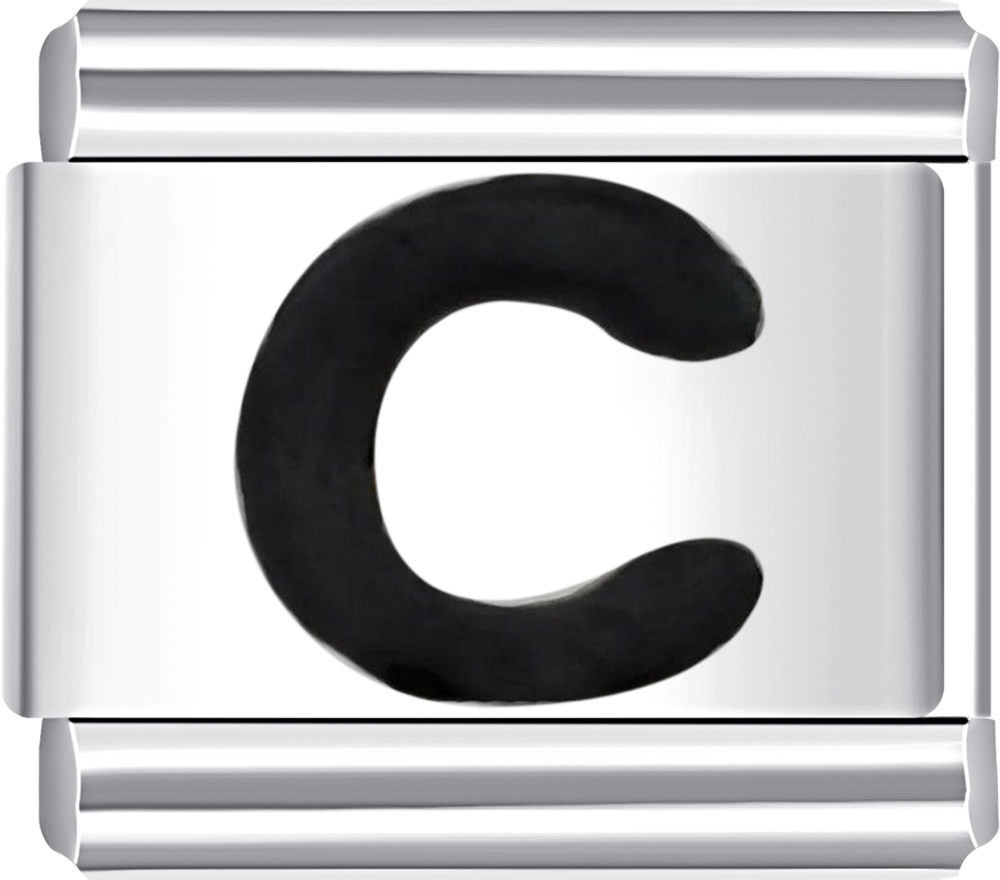 Elegant silver charm with letter C in black, ideal for a personalized charm bracelet.