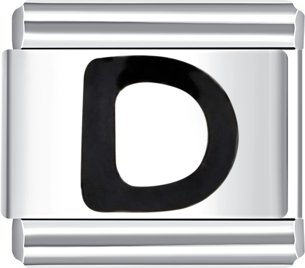 Sleek silver charm featuring letter D in black, perfect for a custom Italian charm bracelet.