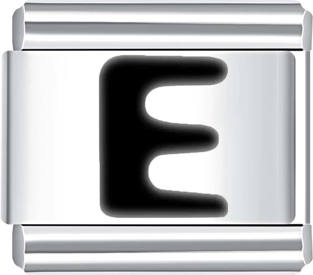 Personalized silver charm featuring letter E in black, perfect for a custom Italian charm bracelet.