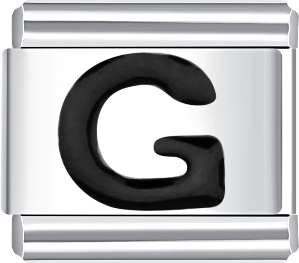 Elegant silver charm with letter G in black, perfect for your personalized charm bracelet.