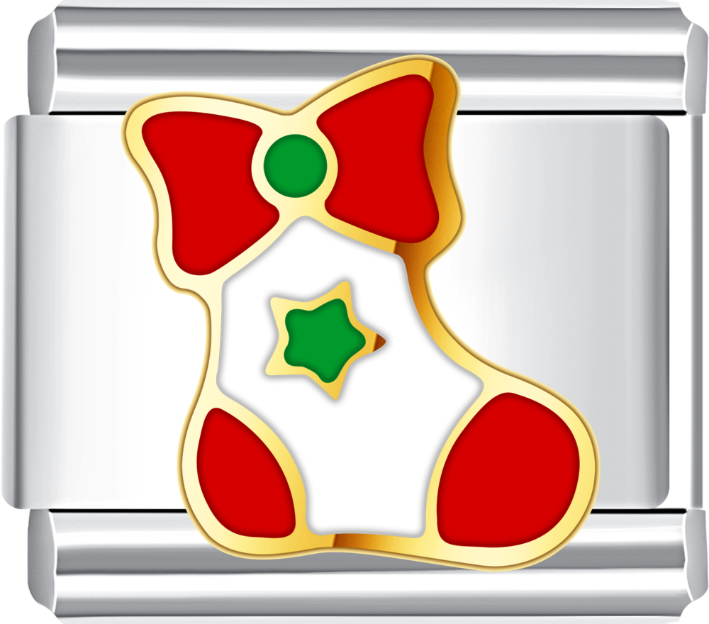 Christmas-themed charm with red stocking, green star, and gold bow on a silver background