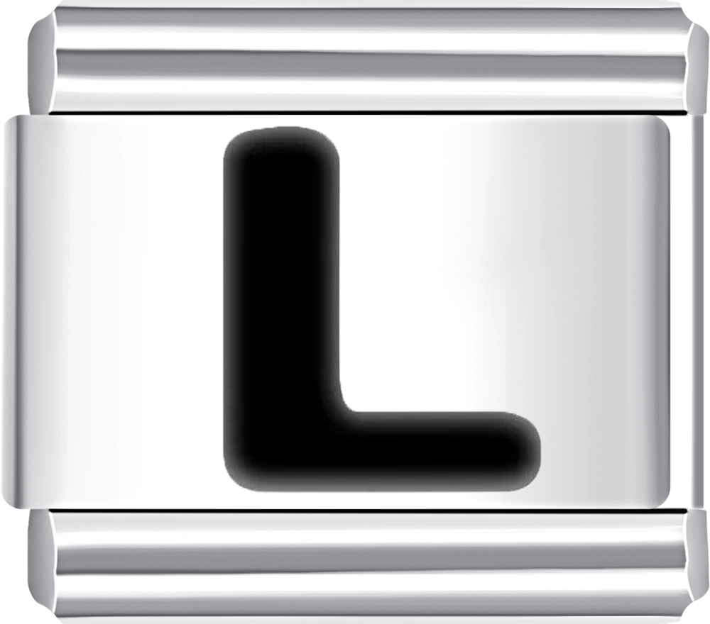 Elegant silver charm with the letter L in black, perfect for your stainless steel charm bracelet.