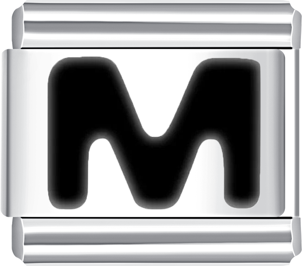 Silver charm with a black letter 'M' 