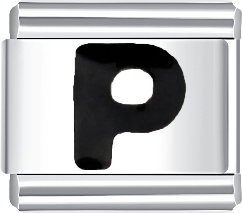 Silver charm with a black letter 'P' in the center