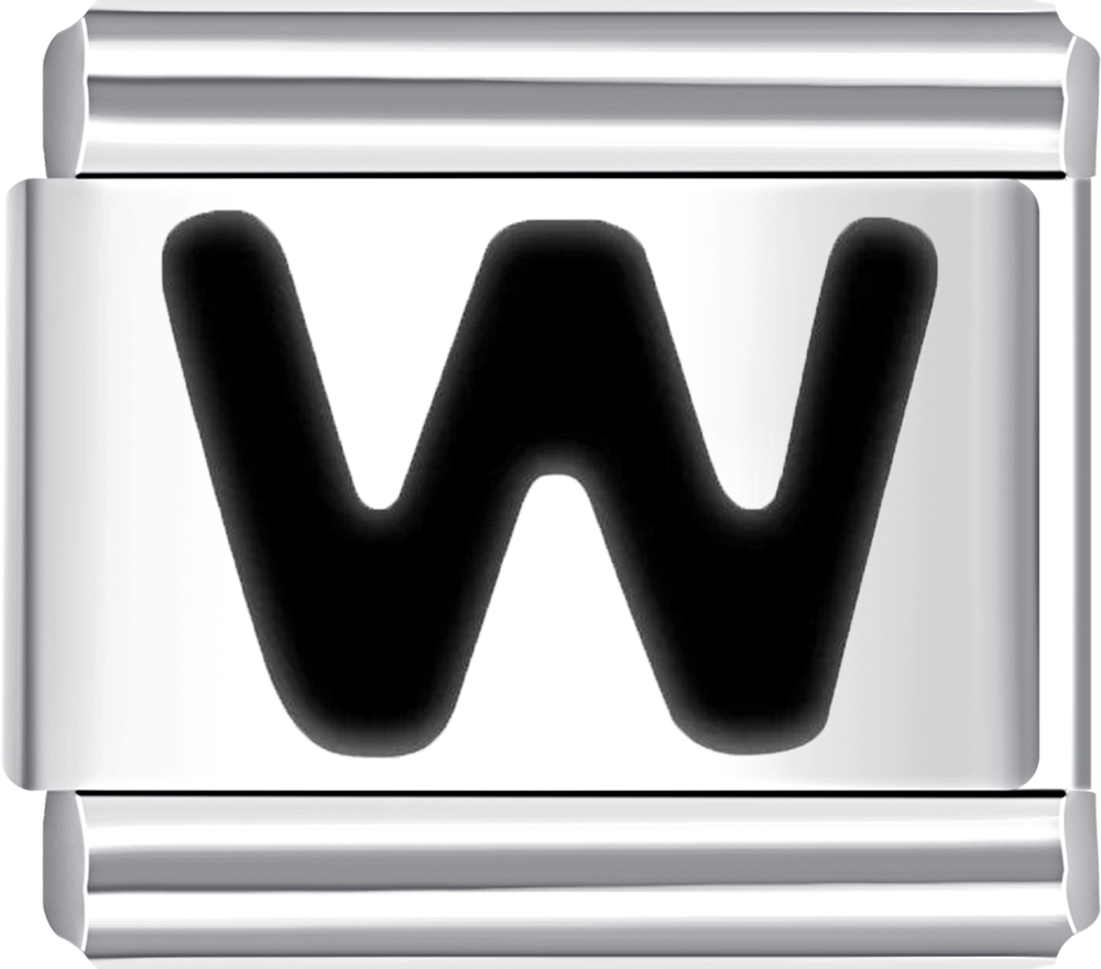 Silver charm with a black letter 'W' 