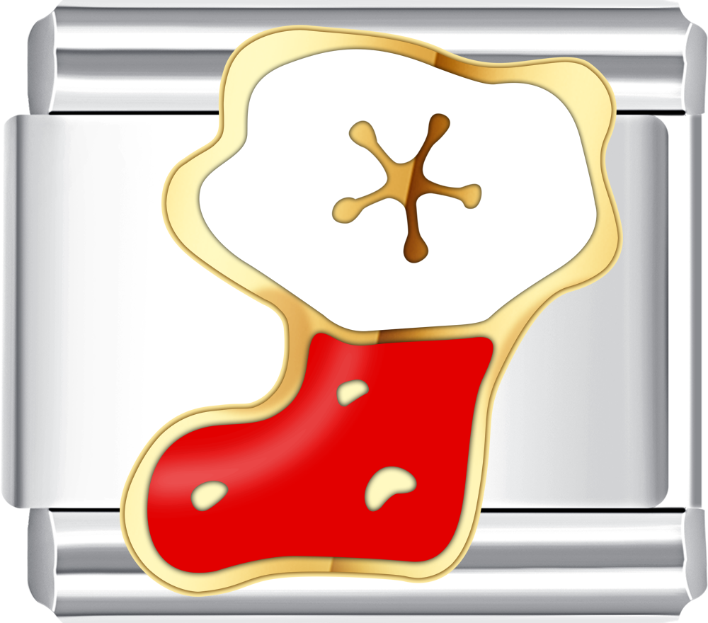 Red Christmas stocking Italian charm with gold outline, festive jewelry charm.