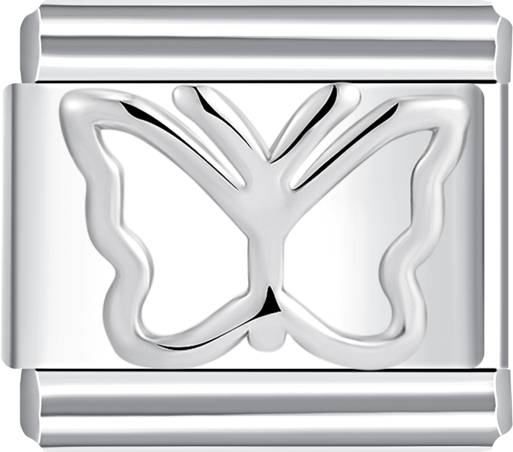 A silver charm featuring a two-dimensional butterfly design