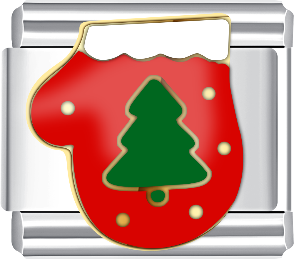 Red stocking Italian charm with green tree design, festive bracelet jewelry.
