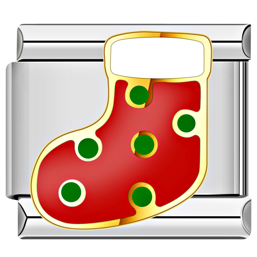 Red bow stocking Italian charm for bracelet, Christmas jewelry accessory.