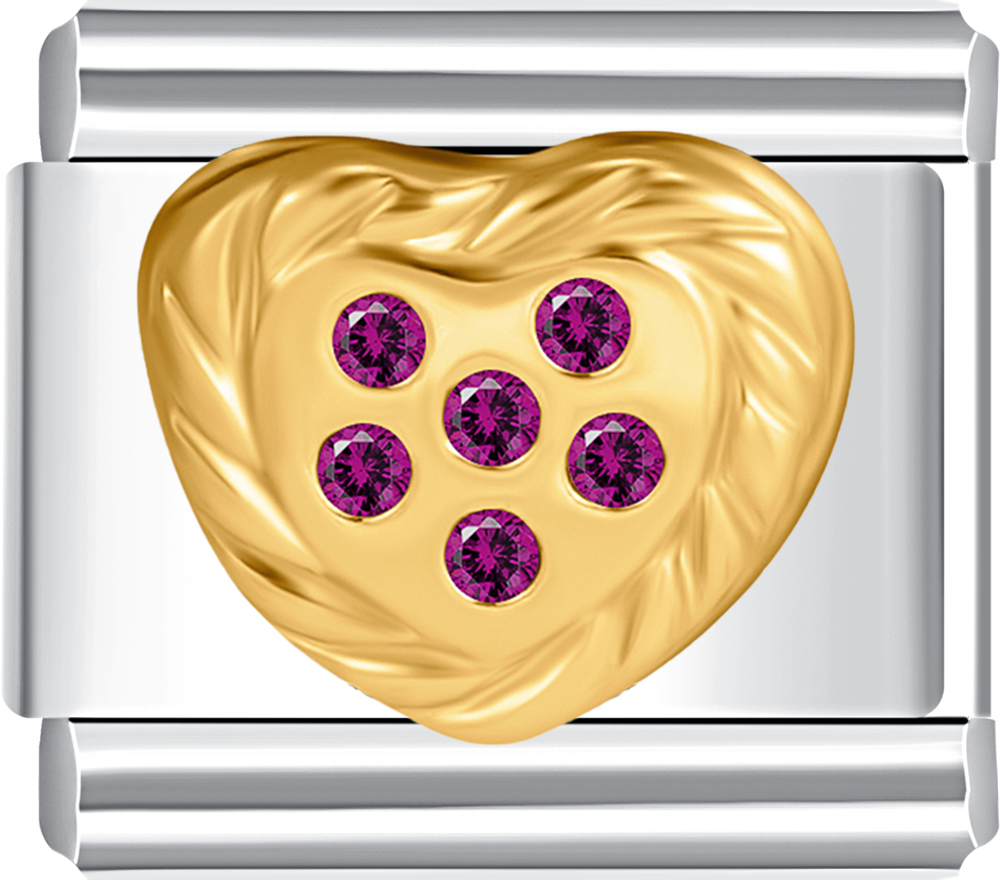 Stunning gold heart charm with purple stones, perfect for a personalized Italian charm bracelet.