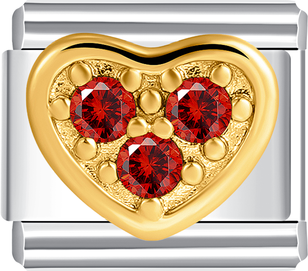 Elegant gold heart charm adorned with red stones, perfect for a personalized charm bracelet.