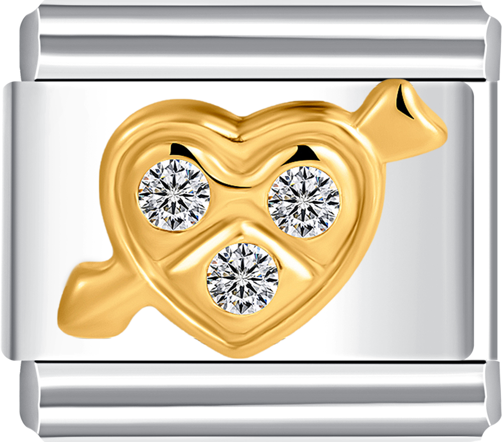 Unique gold pierced heart charm with arrow and white stones, perfect for a custom charm bracelet. 