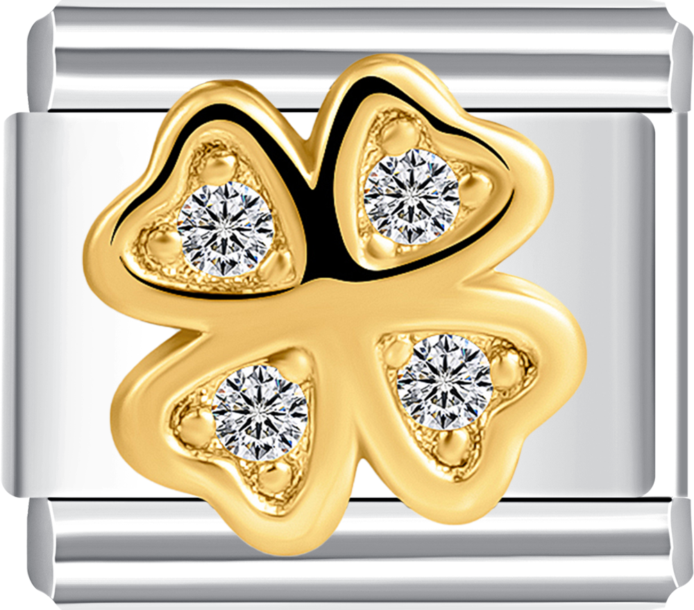 Beautiful gold clover charm with white stones, perfect for your custom Italian charm bracelet.