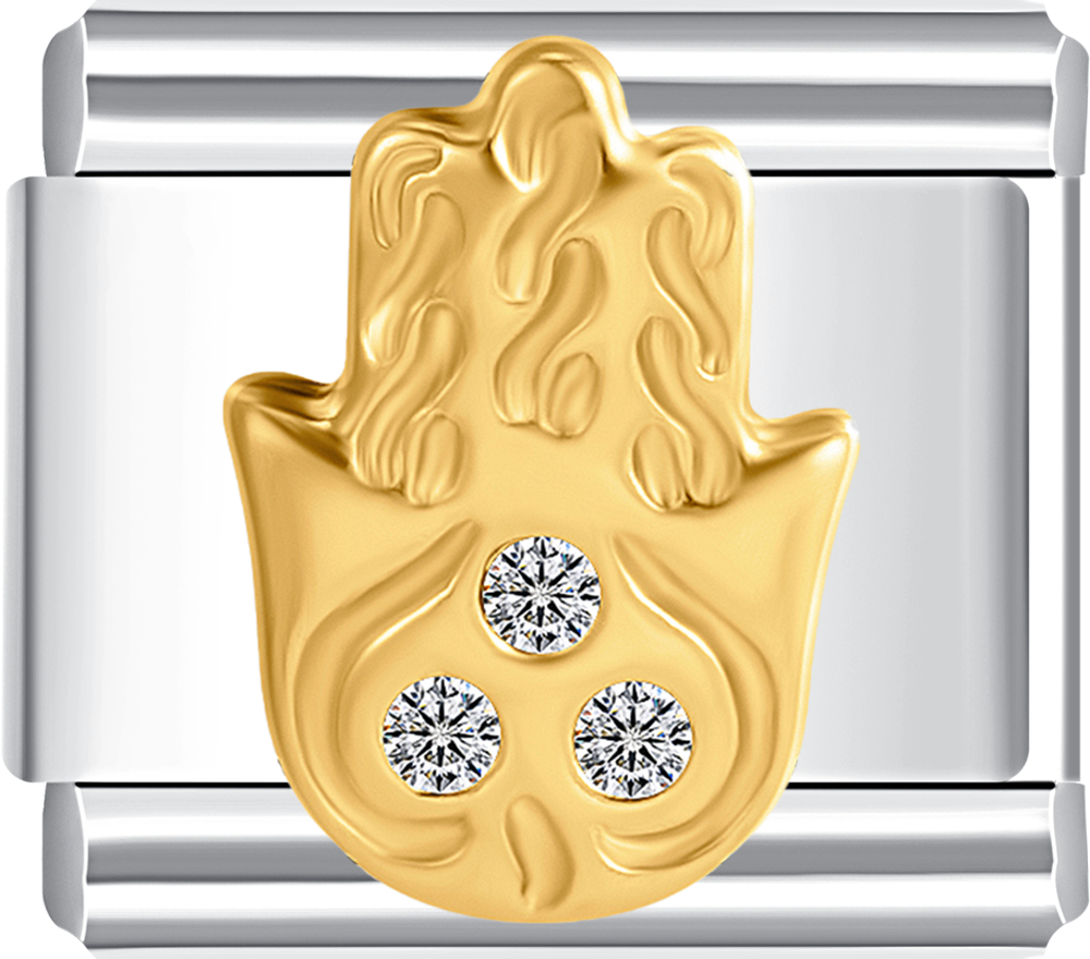 Unique gold hand charm with white stones, ideal for a personalized charm bracelet.