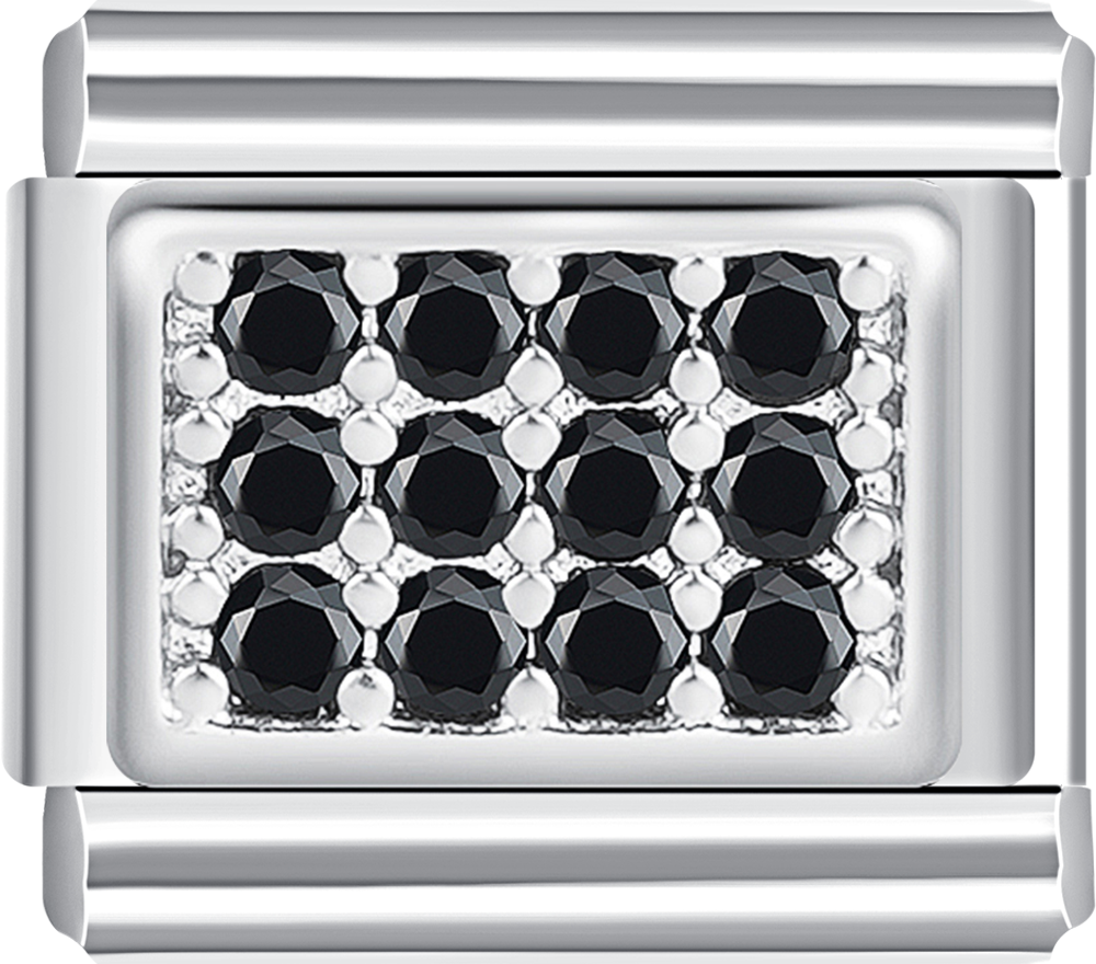 Silver charm embellished with black stones, adding an edgy touch to your stainless steel charm bracelet. 