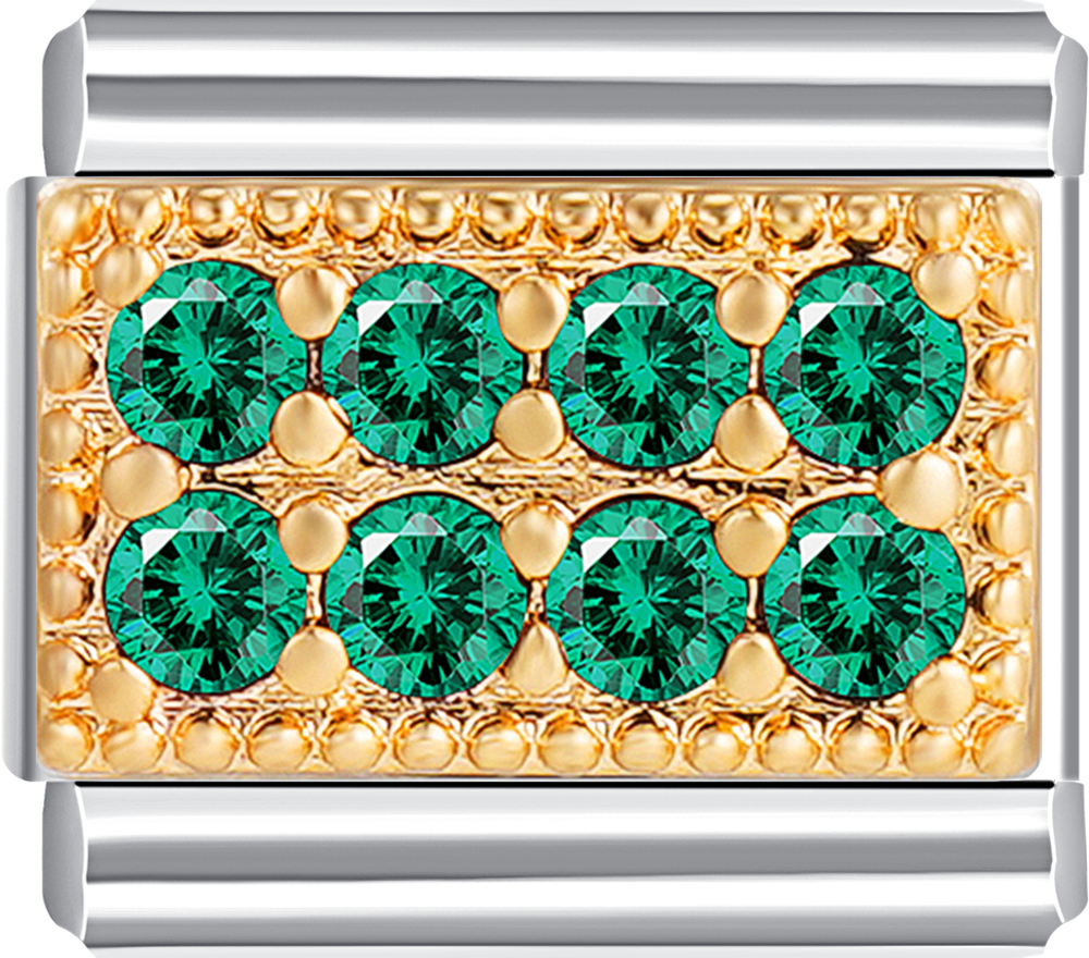 Gold-plated charm with 8 vibrant green stones, perfect for your personalized charm bracelet.
