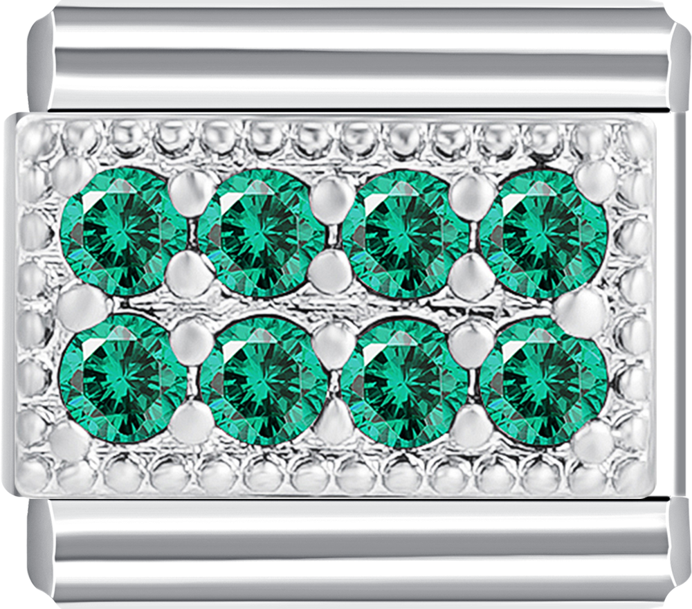 Silver plate charm with 8 vibrant green stones, perfect for your custom Italian charm bracelet.