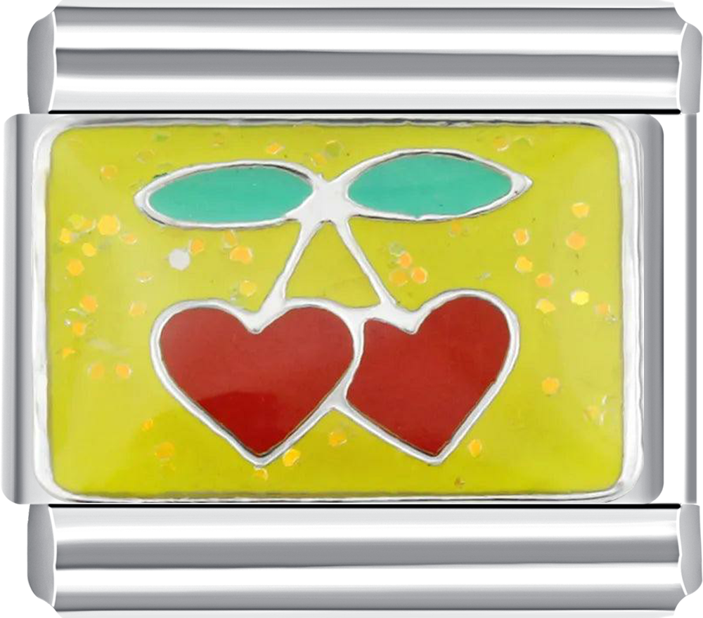 Silver charm with two red hearts and green leaves on a yellow background