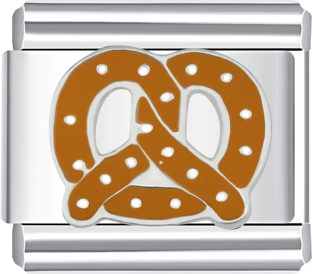 Metallic charm with a pretzel design