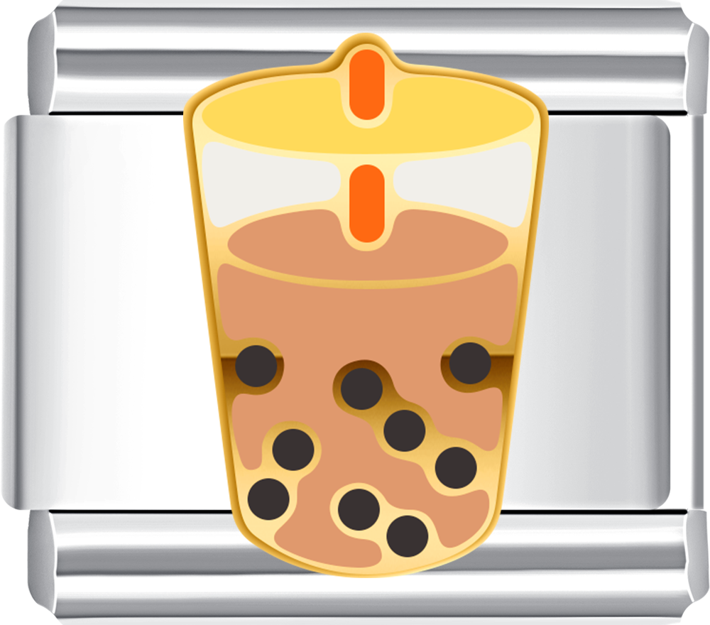 Silver charm with a design of a bubble tea cup featuring boba balls