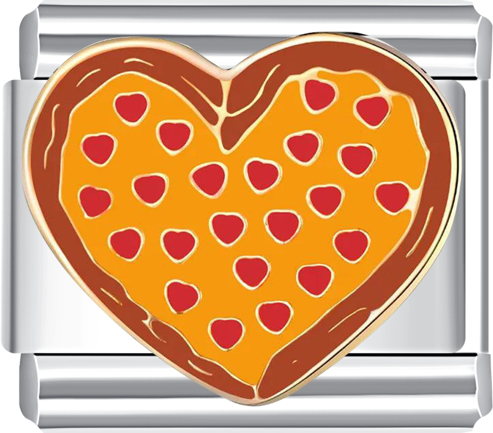 Heart-shaped pizza charm on a silver metal band