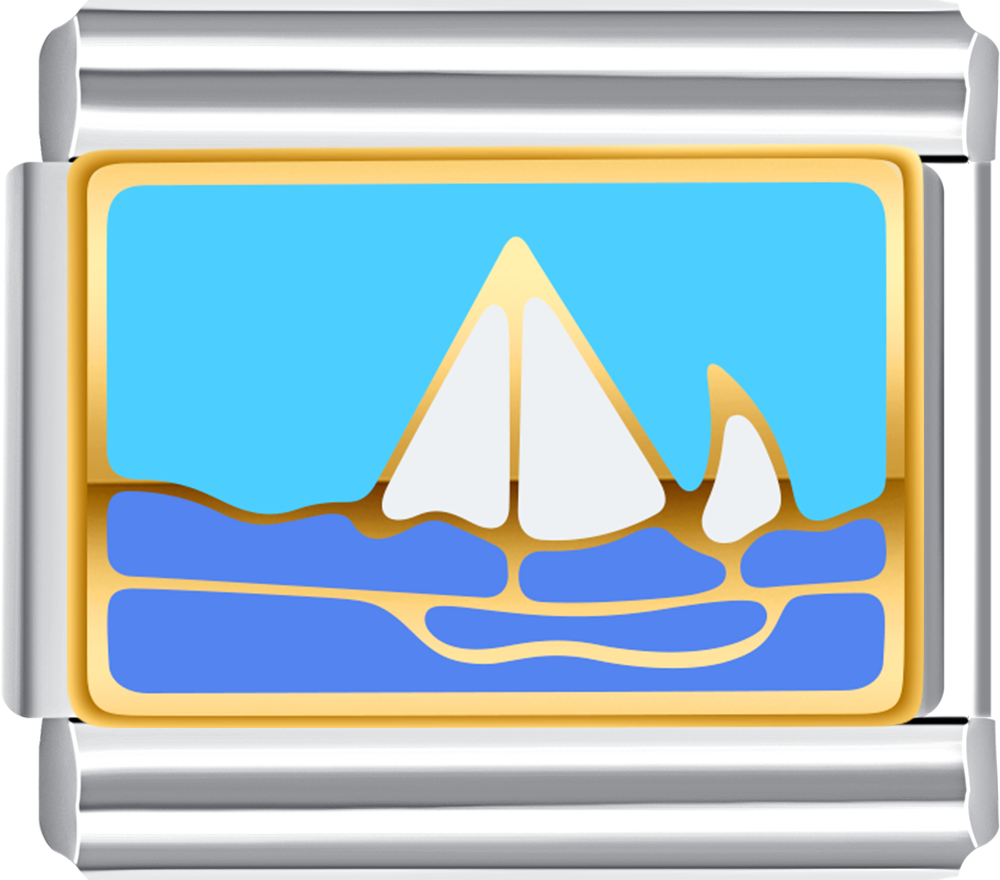 Metallic charm with sailboat design on a blue background