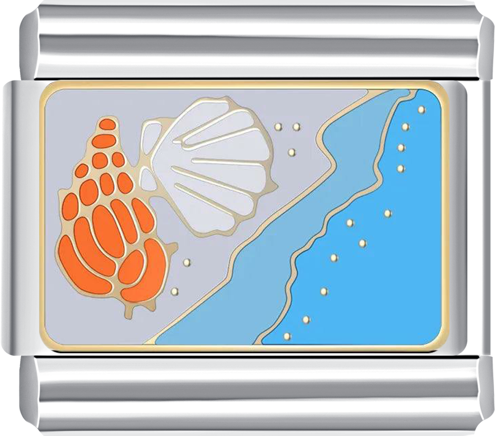 Silver charm with a design of a shell, coral, and water.