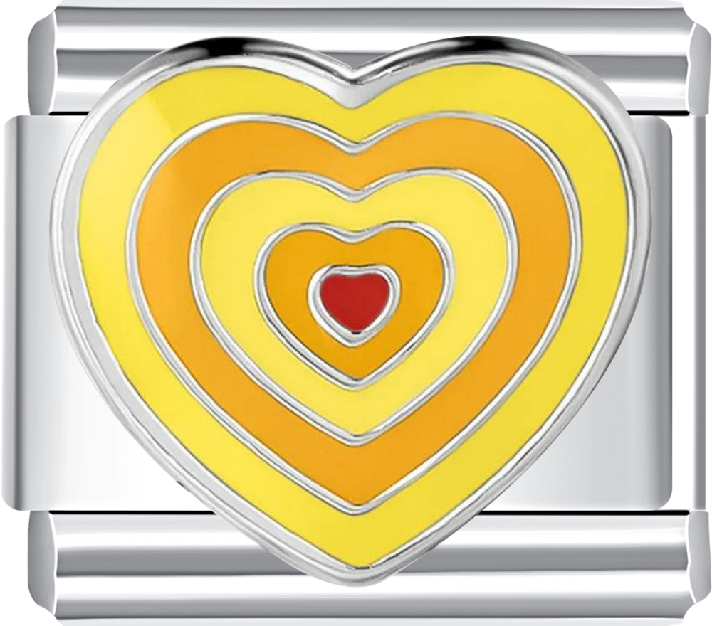 Heart-shaped charm with concentric hearts in yellow, orange, and red
