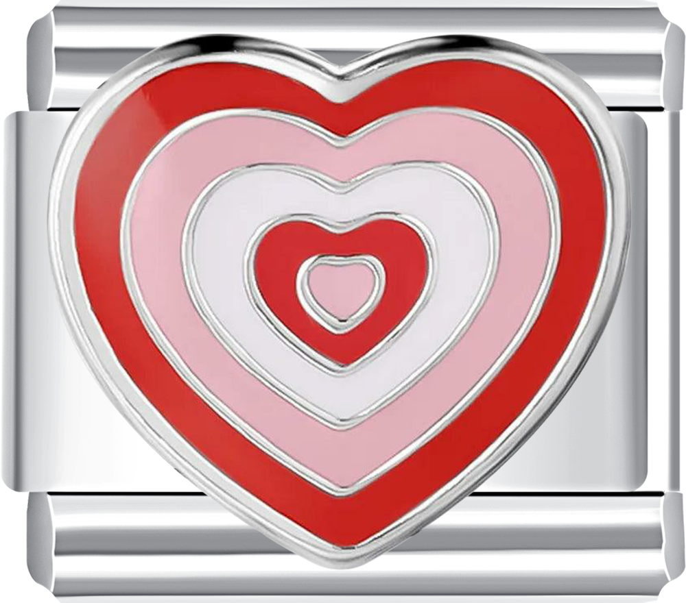 Heart-shaped charm with red and pink concentric hearts