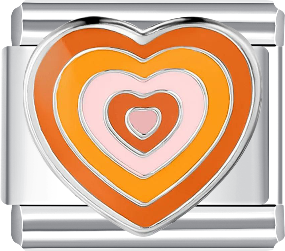Heart-shaped charm with concentric circles of orange, pink, and red