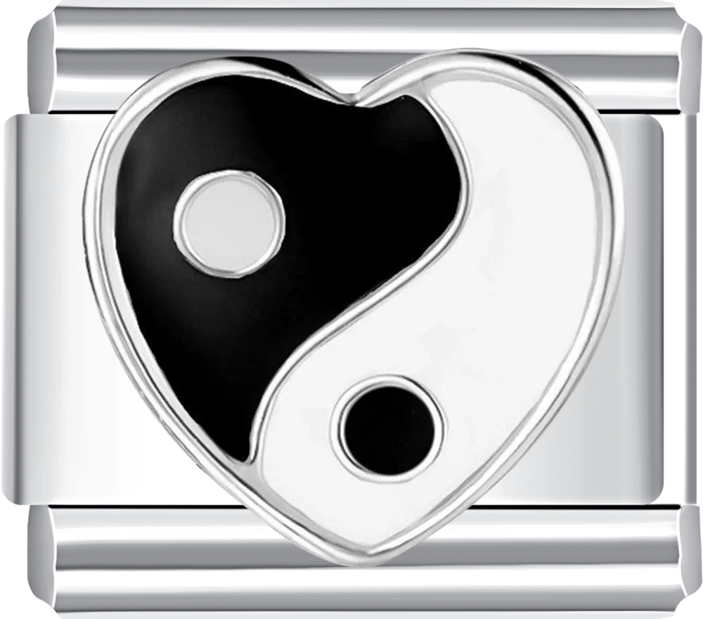 Silver charm with a heart design featuring black and white colors