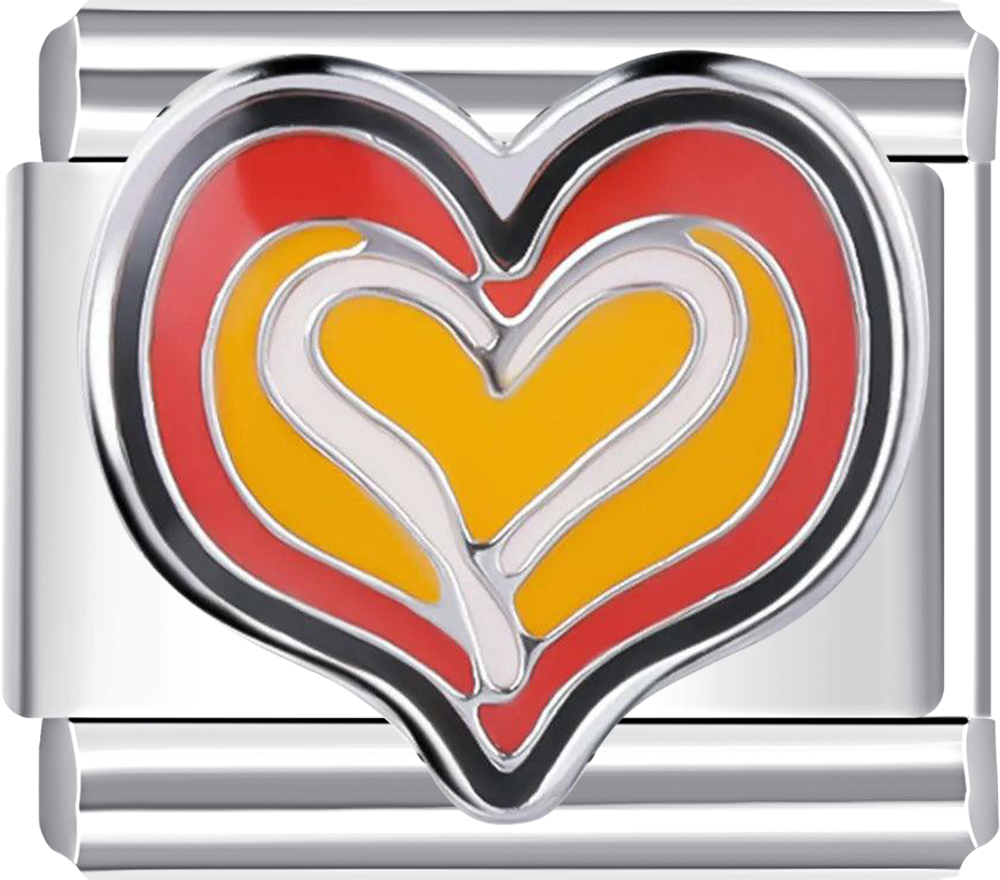 Metallic charm with a heart design featuring red, yellow, and silver colors