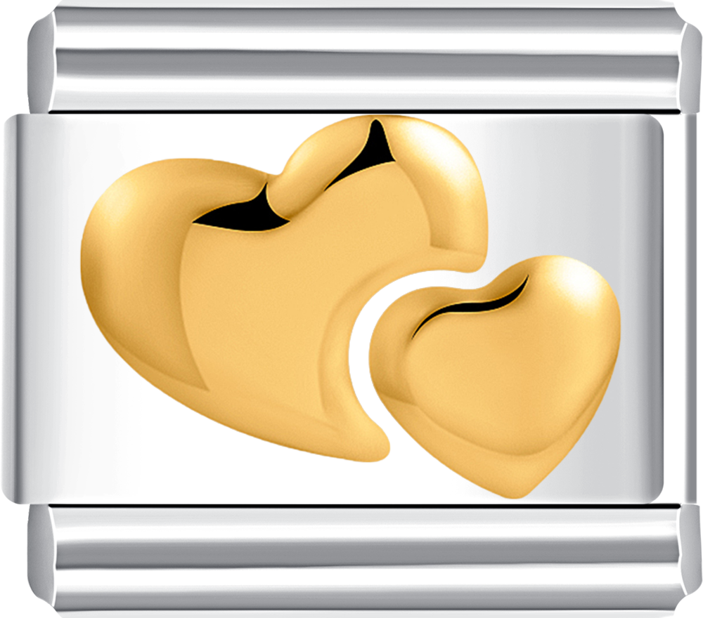 Elegant gold double heart charm on silver, perfect for a custom Italian charm bracelet.