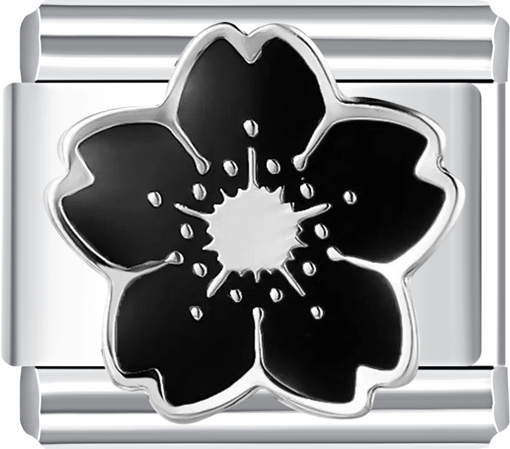 Silver charm with a black flower design 