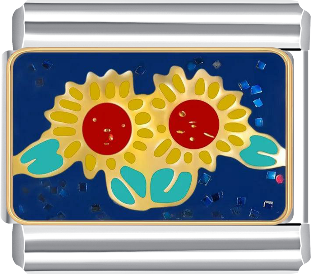 Decorative charm with sunflower design on a blue background