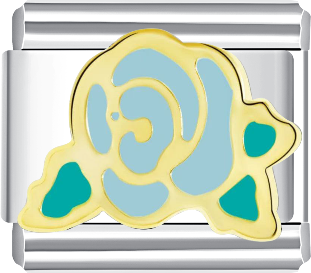 Designer charm with a blue and green spiral design